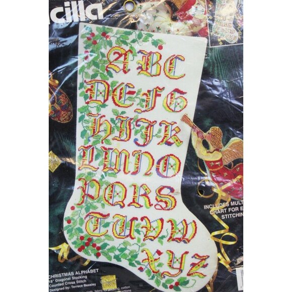 Vtg 1995 Bucilla Christmas Alphabet Cross Stitch Kit Stocking Kid Teacher School - Picture 4 of 6
